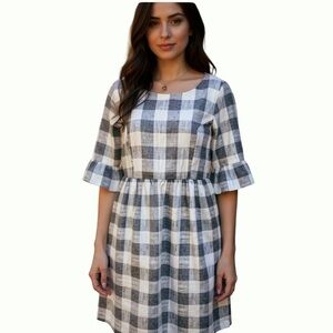 Sweet Salt: Gray and White modest Plaid Dress with ruffle flare sleeves